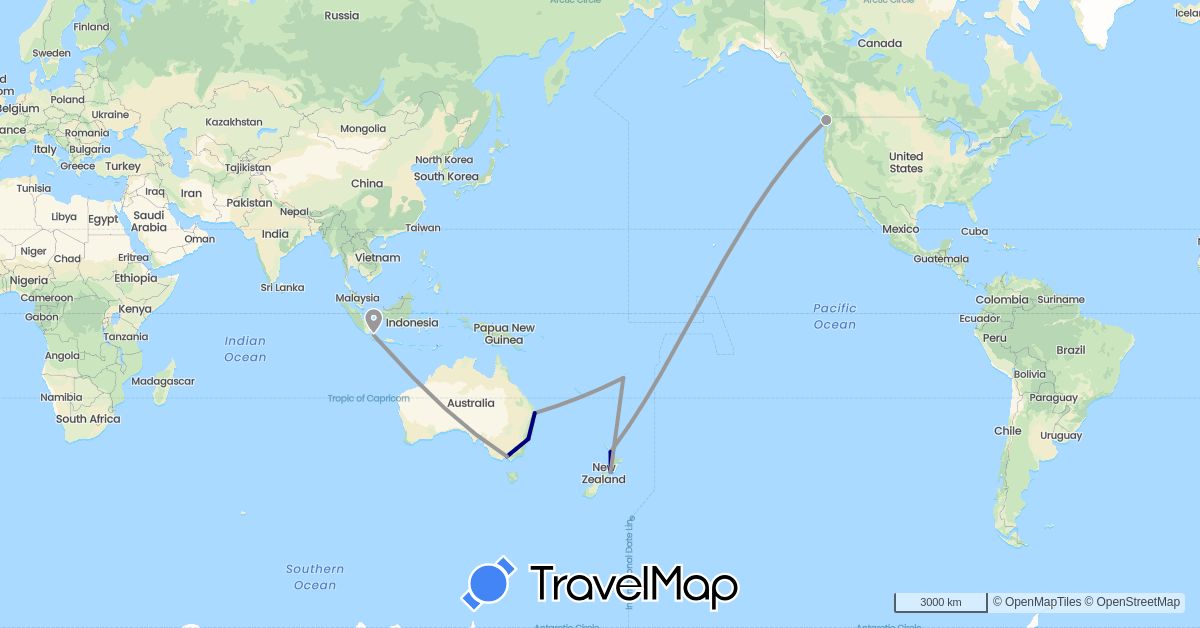 TravelMap itinerary: driving, plane in Australia, Canada, Fiji, Indonesia, New Zealand (Asia, North America, Oceania)